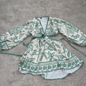 Green and Cream Floral Wrap Dress